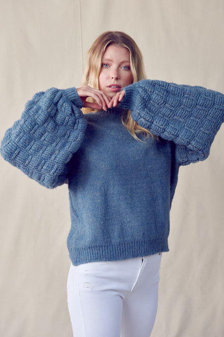 Washed Blue Bubble Sleeve Sweater