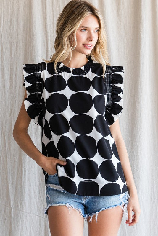 Dramatic Dotted Ruffle Sleeve Top
