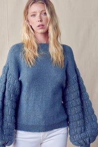 Washed Blue Bubble Sleeve Sweater